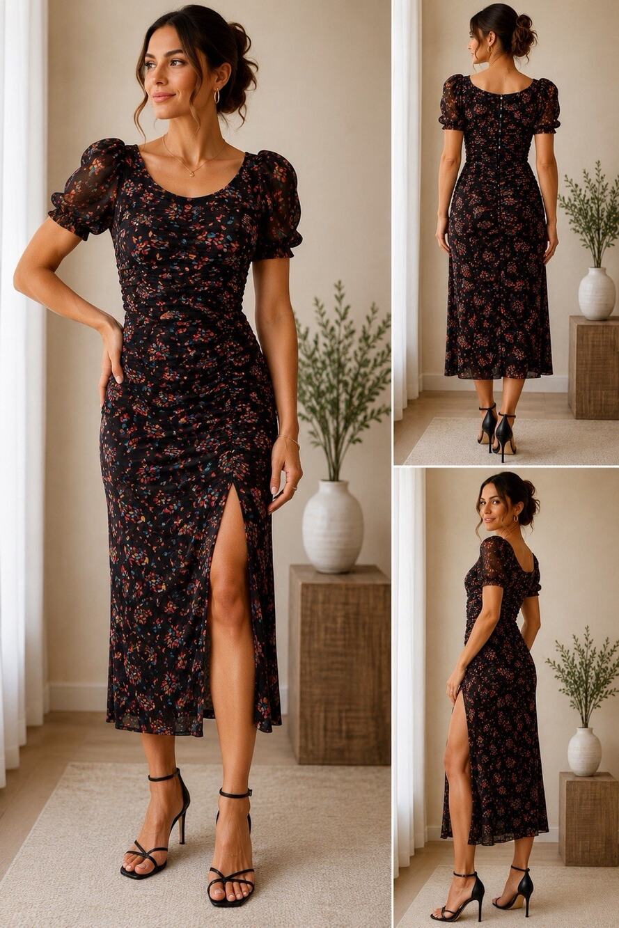 Free People Romantic Brielle Twilight Ruched Mesh Midi Dress Women’s L (NWT)